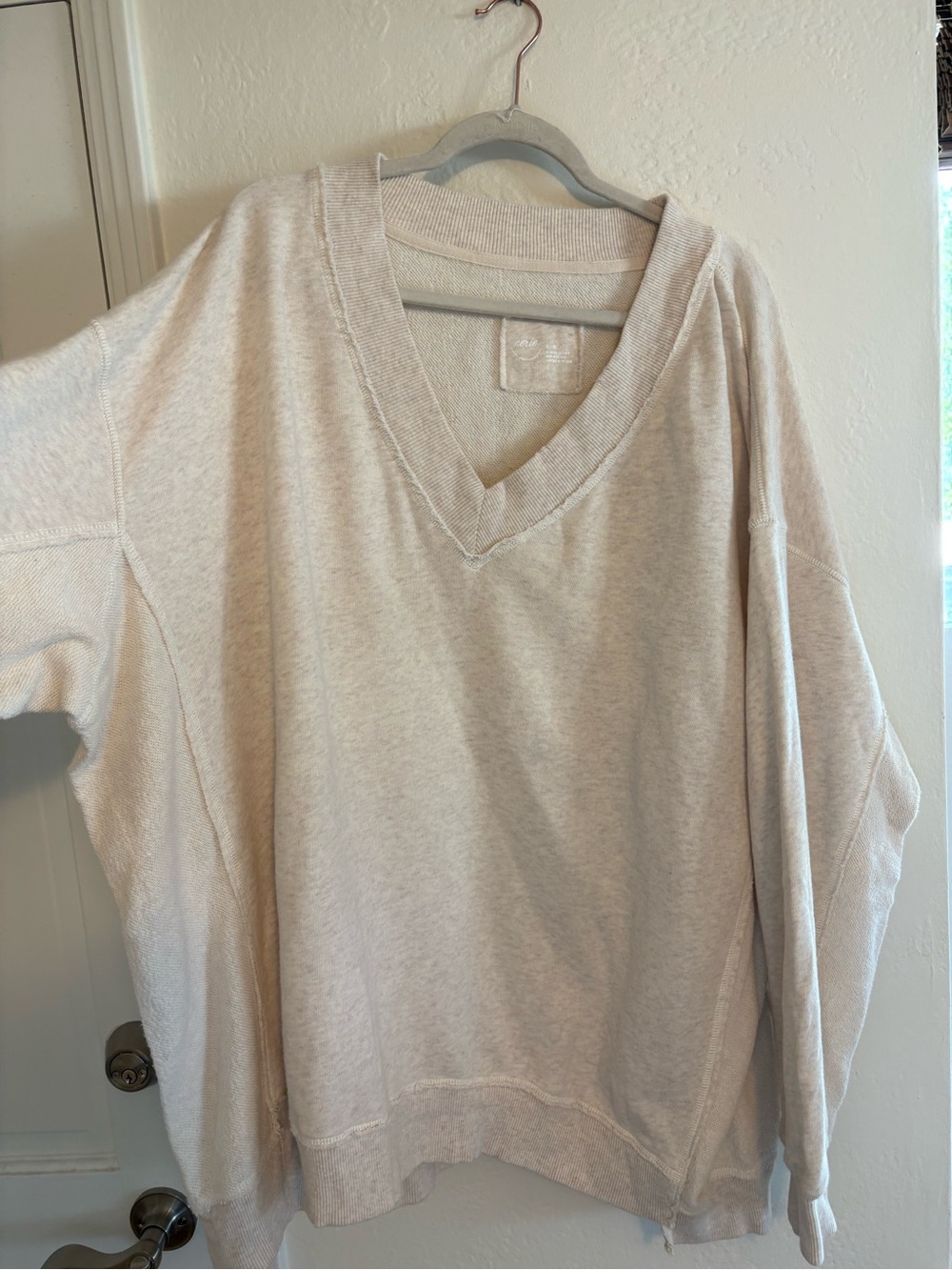 aerie Cream V-Neck Pullover Sweatshirt XL